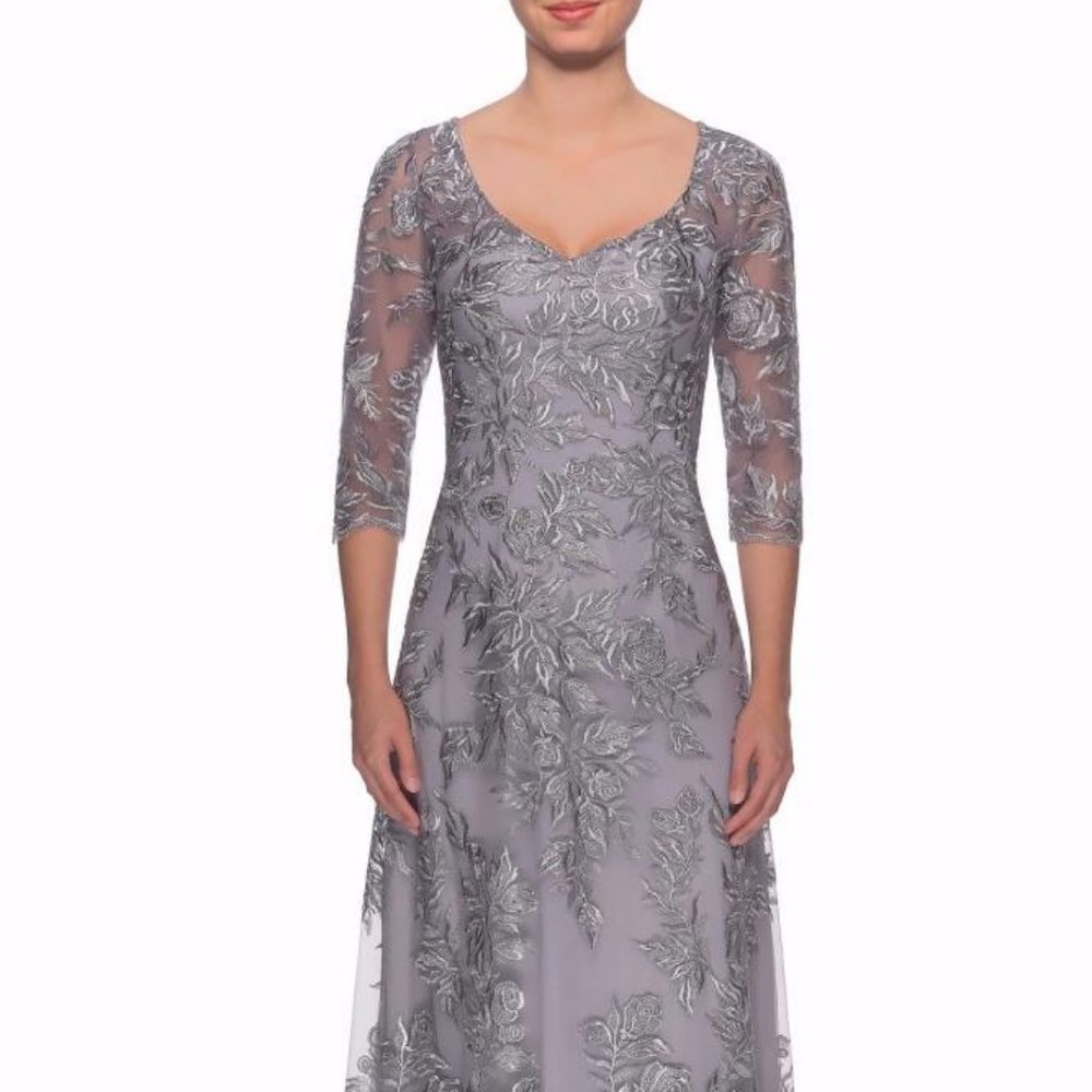La Femme Floral Embroidered Mesh A-Line Gown - 10